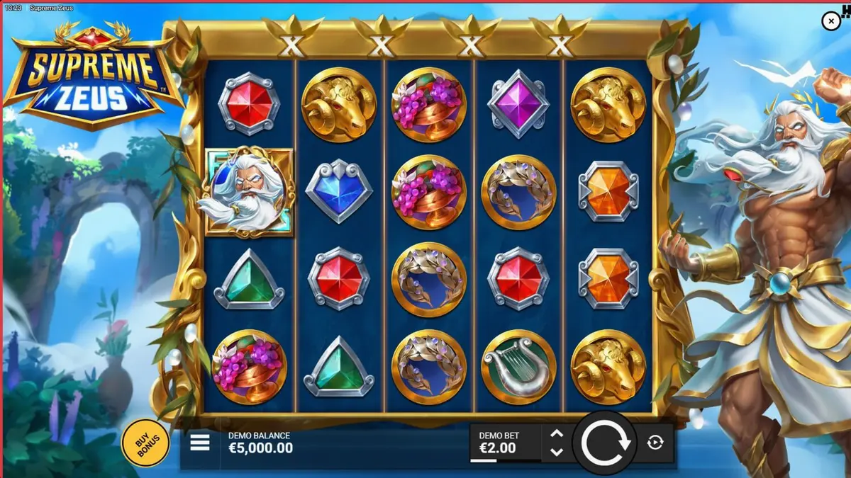 Interface do slot Supreme Zeus com relâmpagos e símbolos dourados